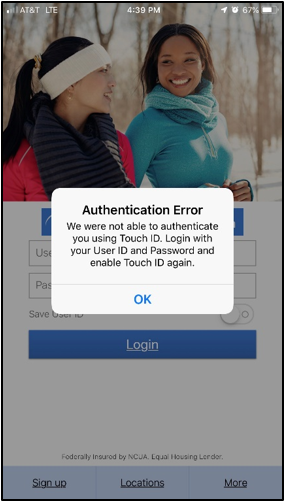 Example screen shot of Authentication Error.